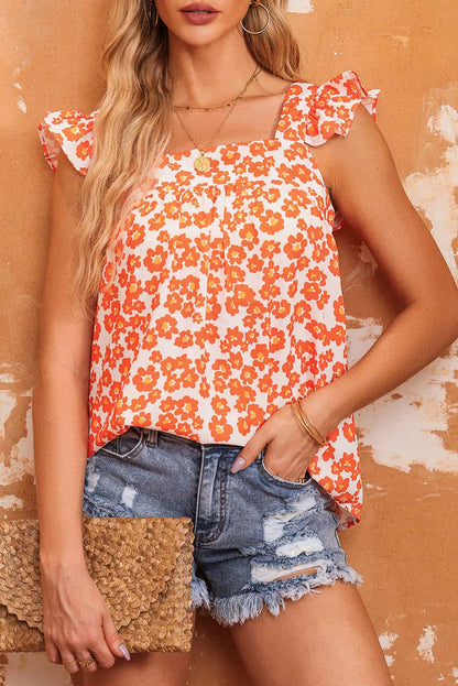 Oranje tanktop met ruches met vierkante hals en bloemenprint
