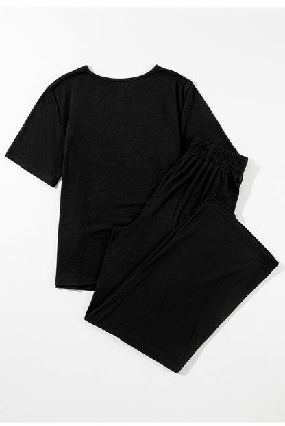 Zwart effen kleur T-shirt 2-delige broek met wijde pijpen