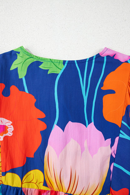 Donkerblauwe bloemenprint split nek babydoll jurk