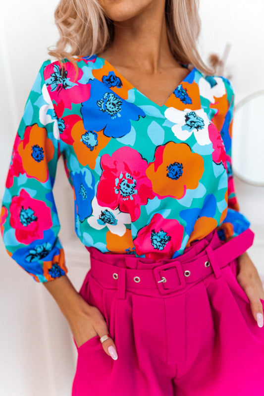 Blouse met veelkleurige bloemenprint, V-hals en 3/4 mouwen