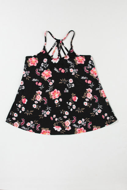 Zwarte bloemen spaghettibandjes tanktop met bandjes op de rug