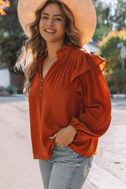 Oranje geplooide geplooide blouse met V-hals en knopen