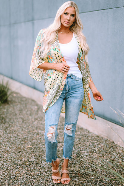 Veelkleurige bloemen open pure glanzende kimono
