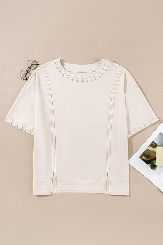 Beige Pearl Decor Crew Neck Halve Sleeve Plus Size T -shirt