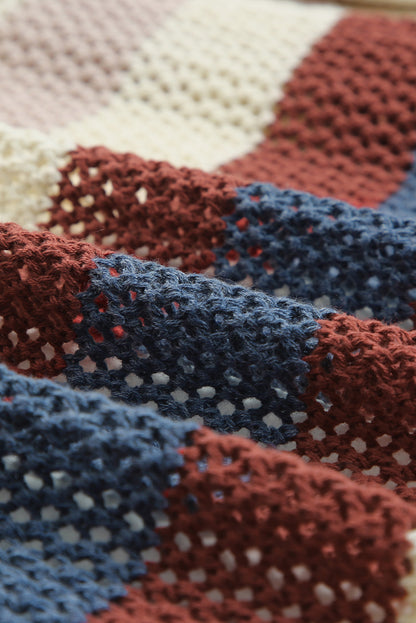 Blauw gestreept uitgehold gebreid vest met kleurenblokken