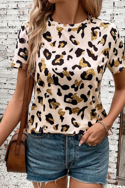 Abrikoos luipaard afdruk ronde nek casual t -shirt