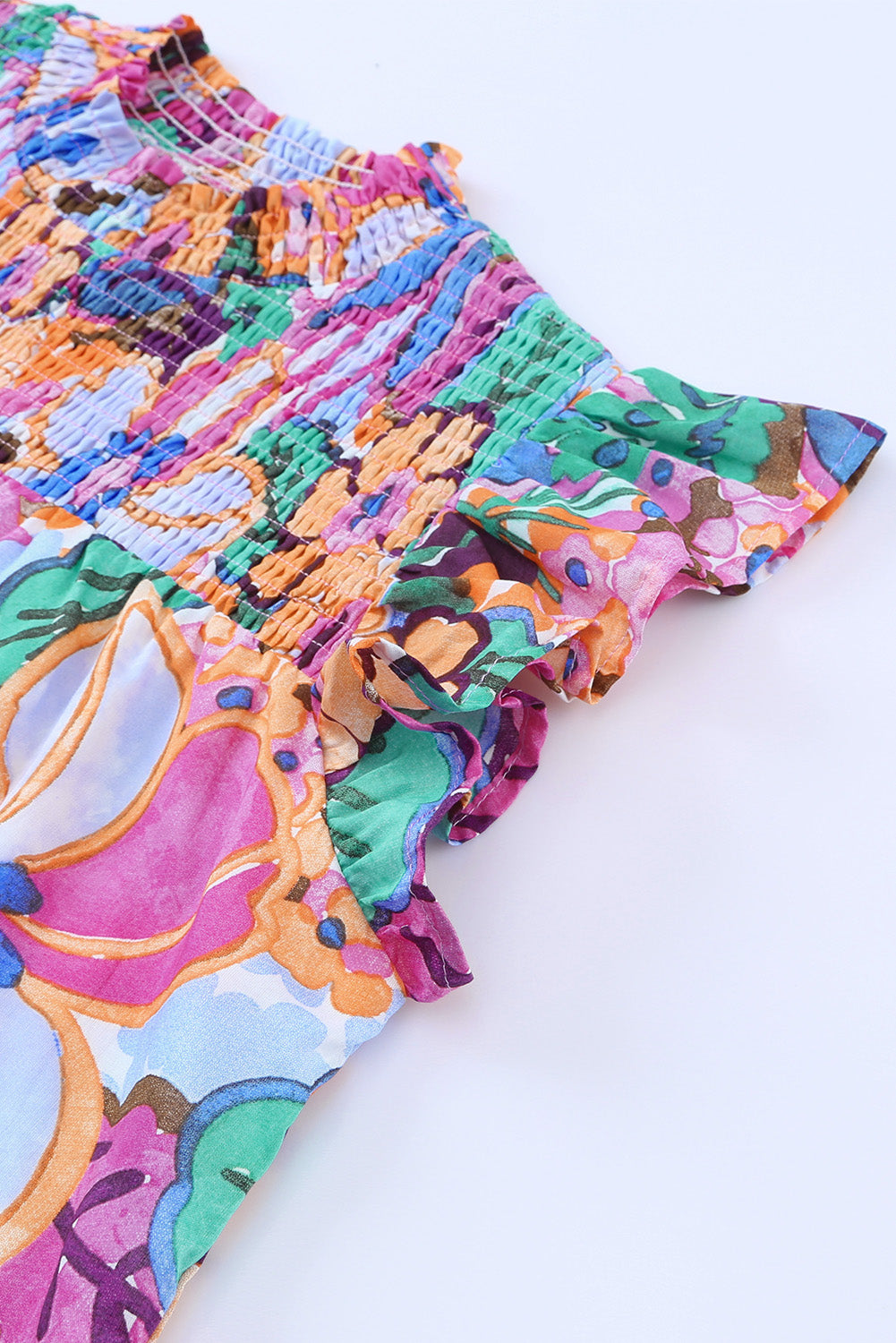 Blouse met veelkleurige bloemenprint, fladdermouwen en gesmokte hals