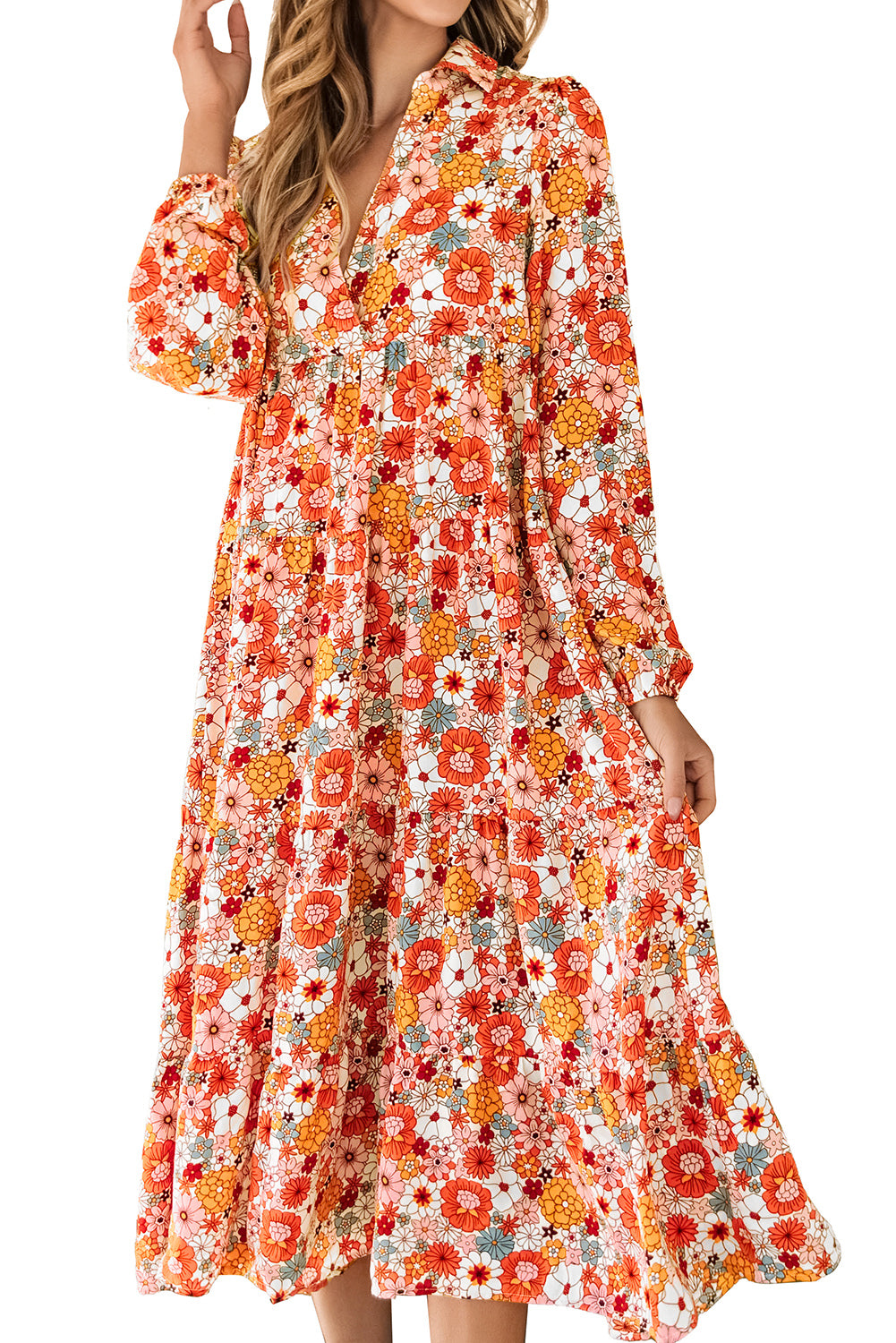 Veelkleurige Boho gebloemde jurk met lange mouwen en ruches