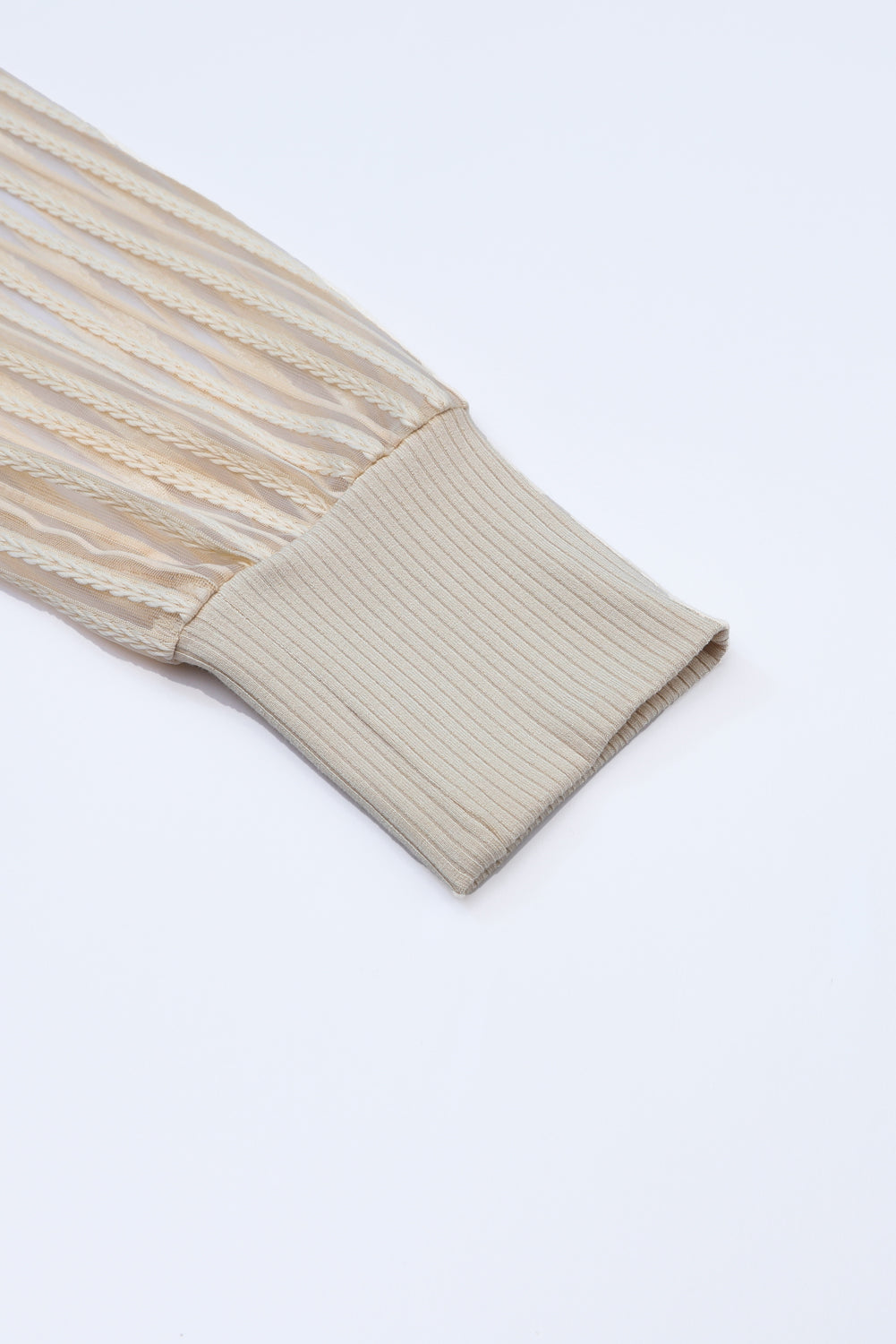 Abrikoos gestreepte mesh geribbelde top met lange mouwen en ronde hals