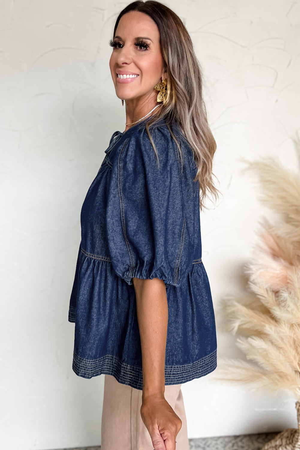 Zeil blauwe puff mouw veter halslijn splicing denim blouse