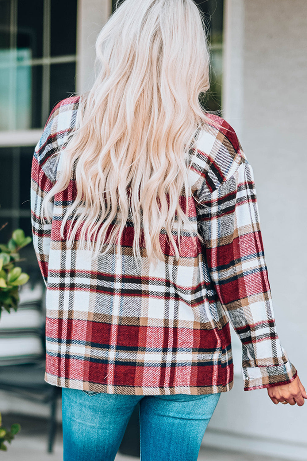 Vurige rode geometrische geruite print pocket shacket