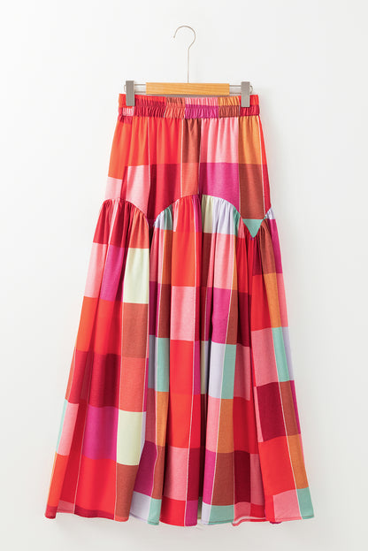 Multicolour plaid print ruches hoge taille casual maxi rok