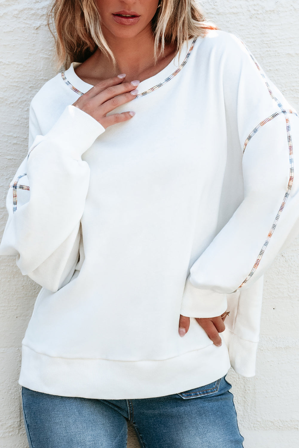 Black Contrast Rainbow Trim Drop Shoulder Pullover Sweatshirt