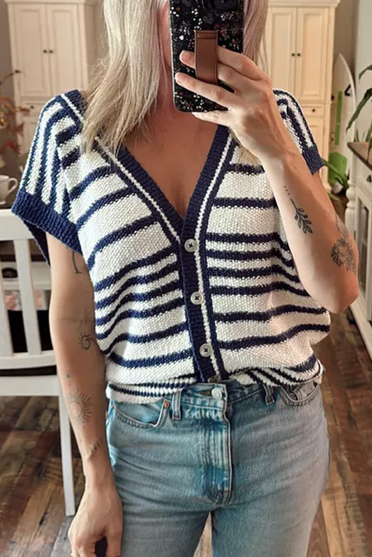 Blauwe streep losse knoop V -nek trui Vest