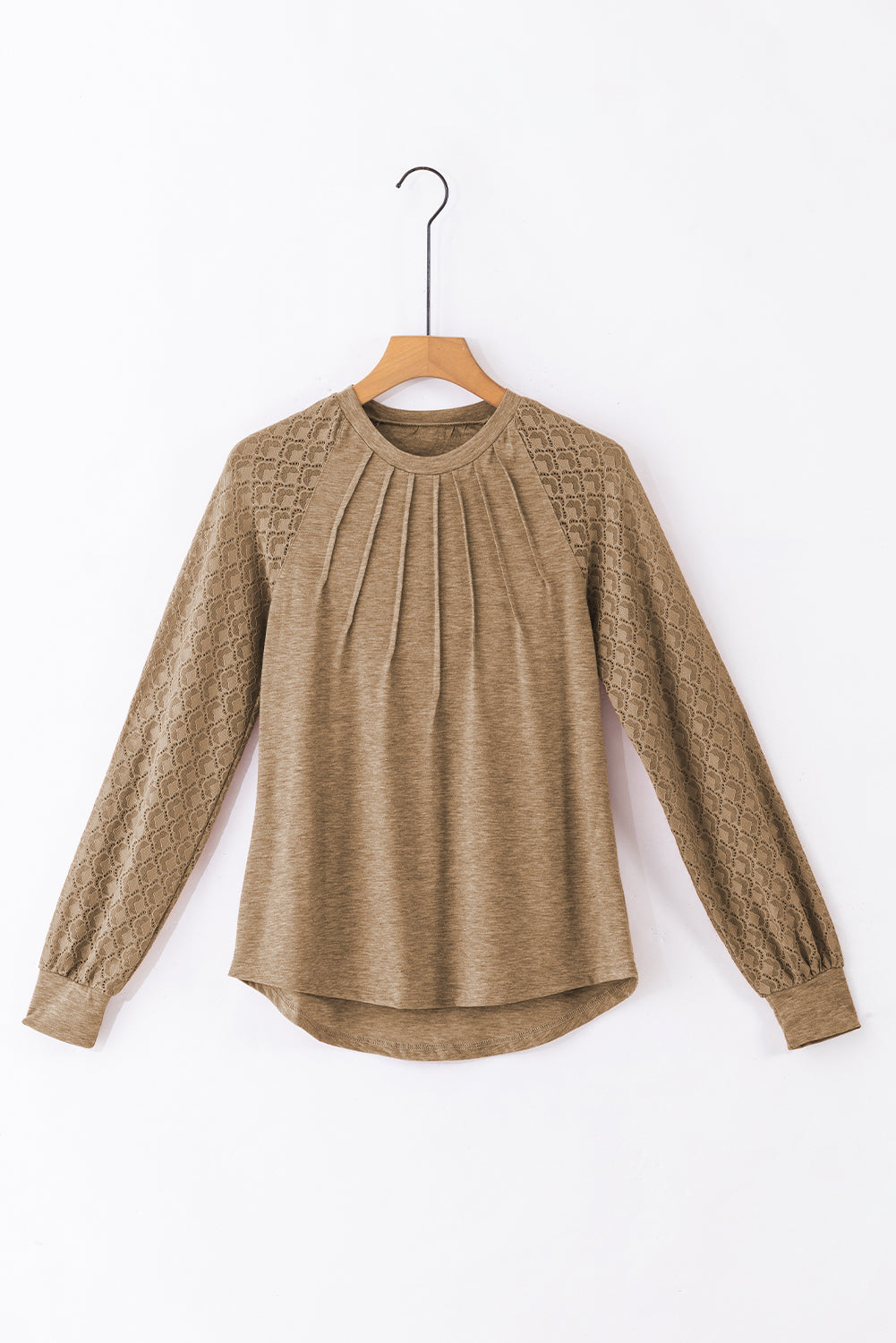 Licht Frans beige contrasterende kanten top met raglanmouwen en ronde hals