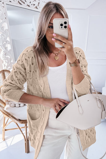 Jet Stream Cable Geknit Eyelet Side Pockets Baggy Cardigan