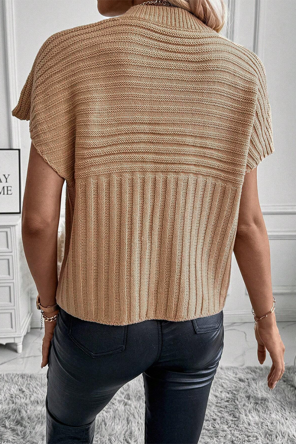 Licht Frans beige ribgebreid trui-T-shirt met wijde mouwen