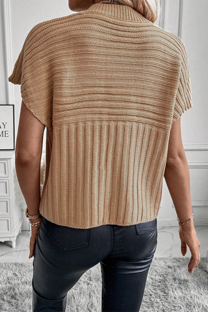 Licht Frans beige ribgebreid trui-T-shirt met wijde mouwen