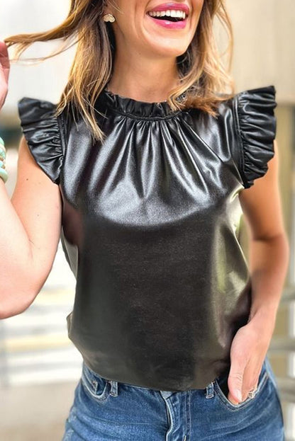 Zwarte pu lederen frilly ruches trim blouse