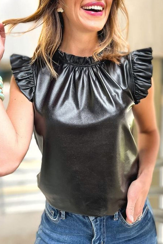 Zwarte pu lederen frilly ruches trim blouse