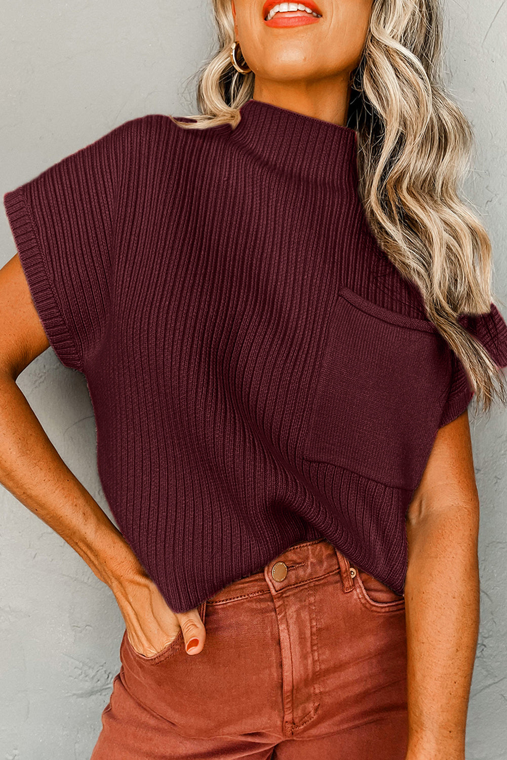 Beau Blue Patch Pocket geribbeld gebreide trui met korte mouwen