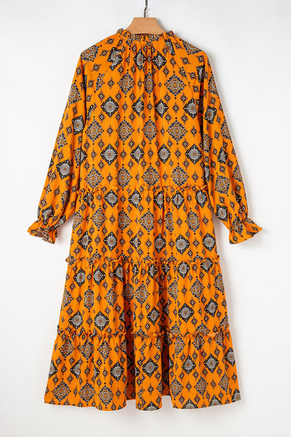 Oranje westerse geometrische print gelaagde frisdress los fit midi -jurk