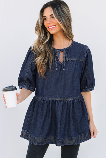 Zeil blauwe puff mouw veter halslijn splicing denim blouse