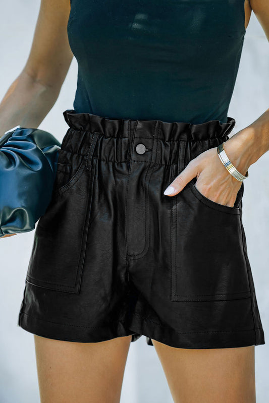Zwarte faux lederen papieren zak taille hoogbouw shorts