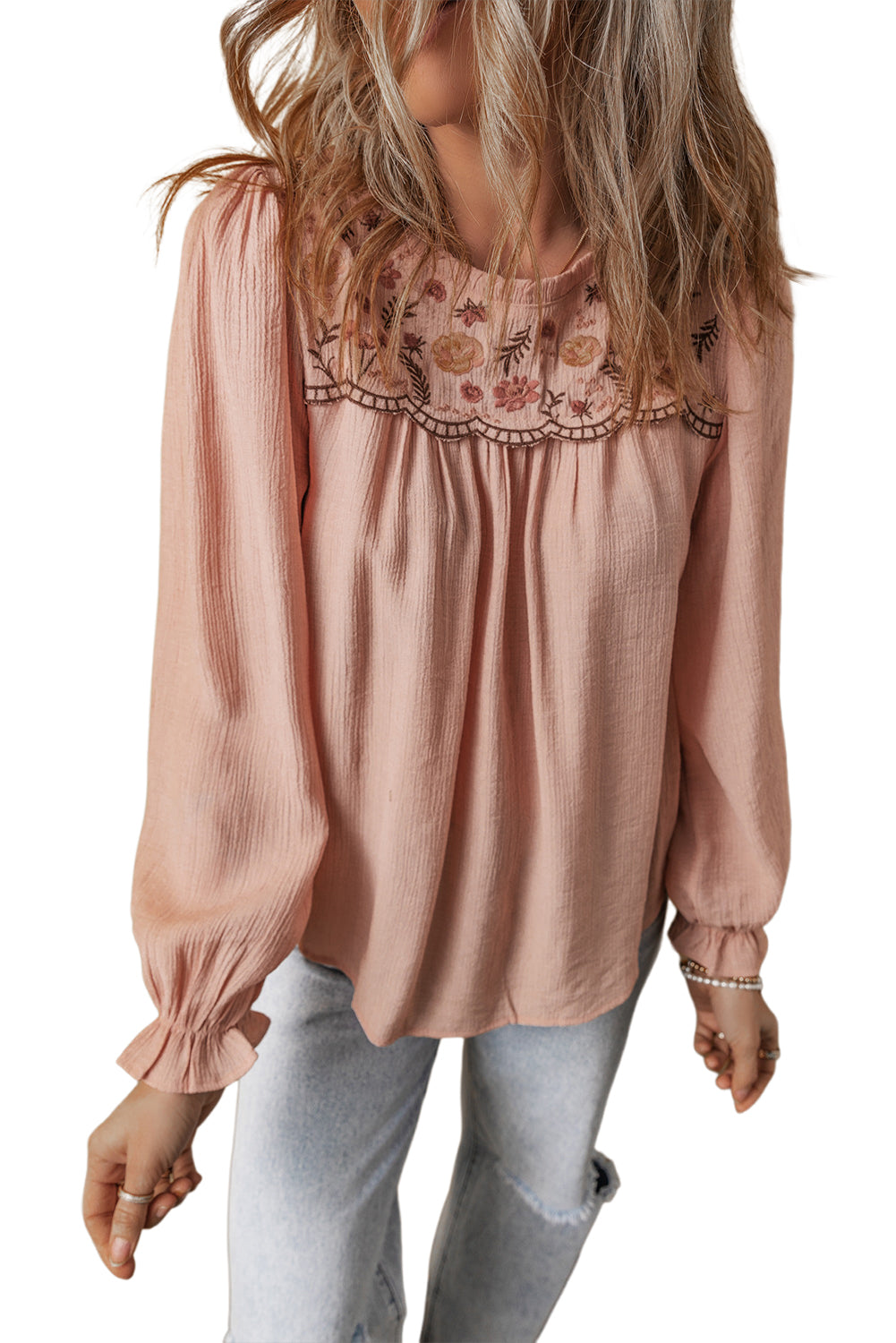 Gossamer Pink bloemen geborduurde textured founce mouw elegante blouse