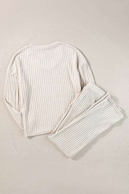Kaki geribbelde gebreide slouchy tweedelige outfit met V-hals