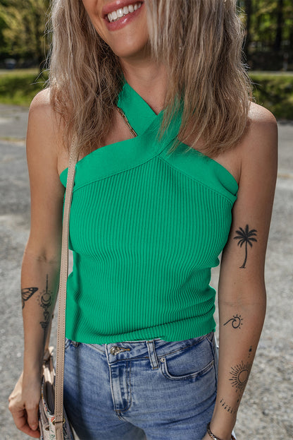 Donkergroen geribbelde criss kruis halter nek schede trui tanktop