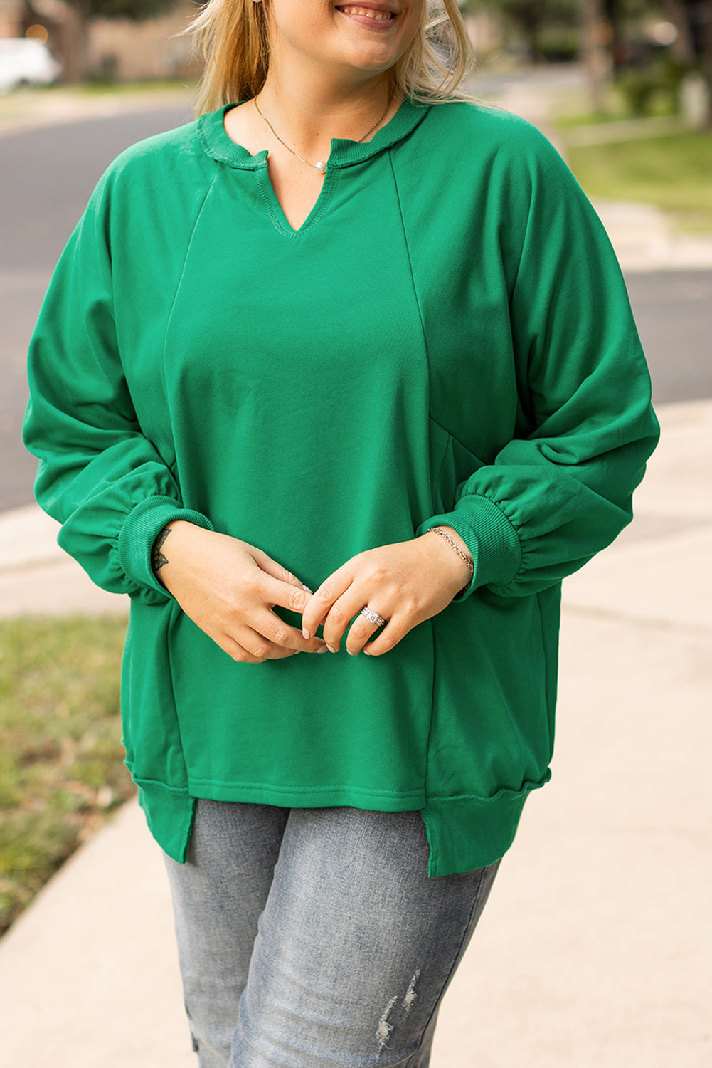 Helder groen blootgestelde naad gemak druppel schouder plus sweatshirt