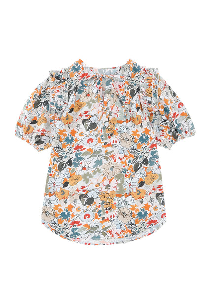 Veelkleurige blouse met split en V-hals, pofmouwen en bloemenprint