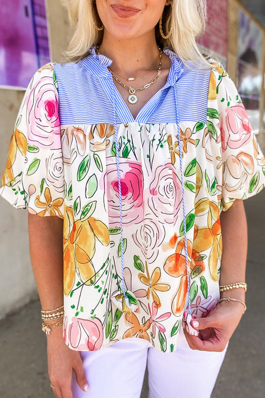 Multicolour bloemenprint gestreepte juk frisse v -nek blaasje korte mouw blouse