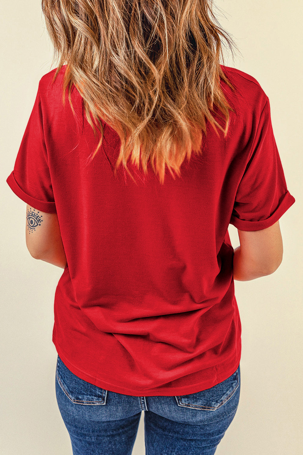 Rood casual effen T-shirt met ronde hals