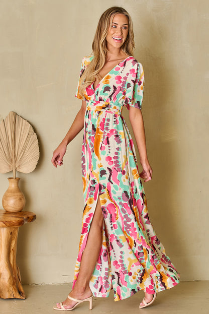 Roze maxi-jurk met boho tie-dye print en V-hals
