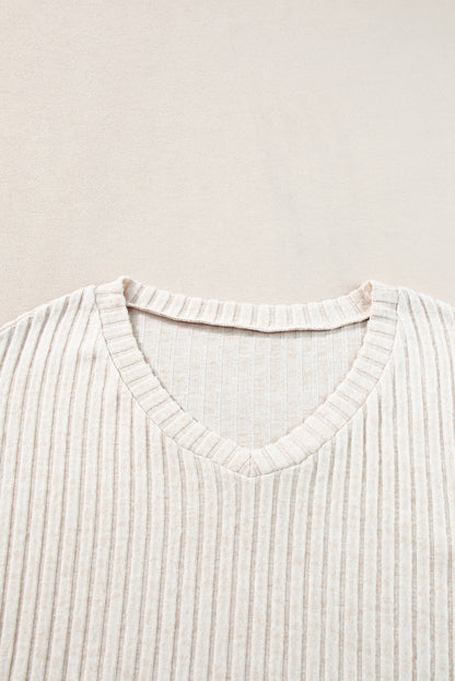 Kaki geribbelde gebreide slouchy tweedelige outfit met V-hals