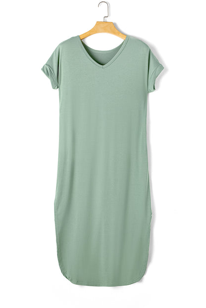 Grasgroene maxi-T-shirtjurk met V-hals en verborgen zaksplitten