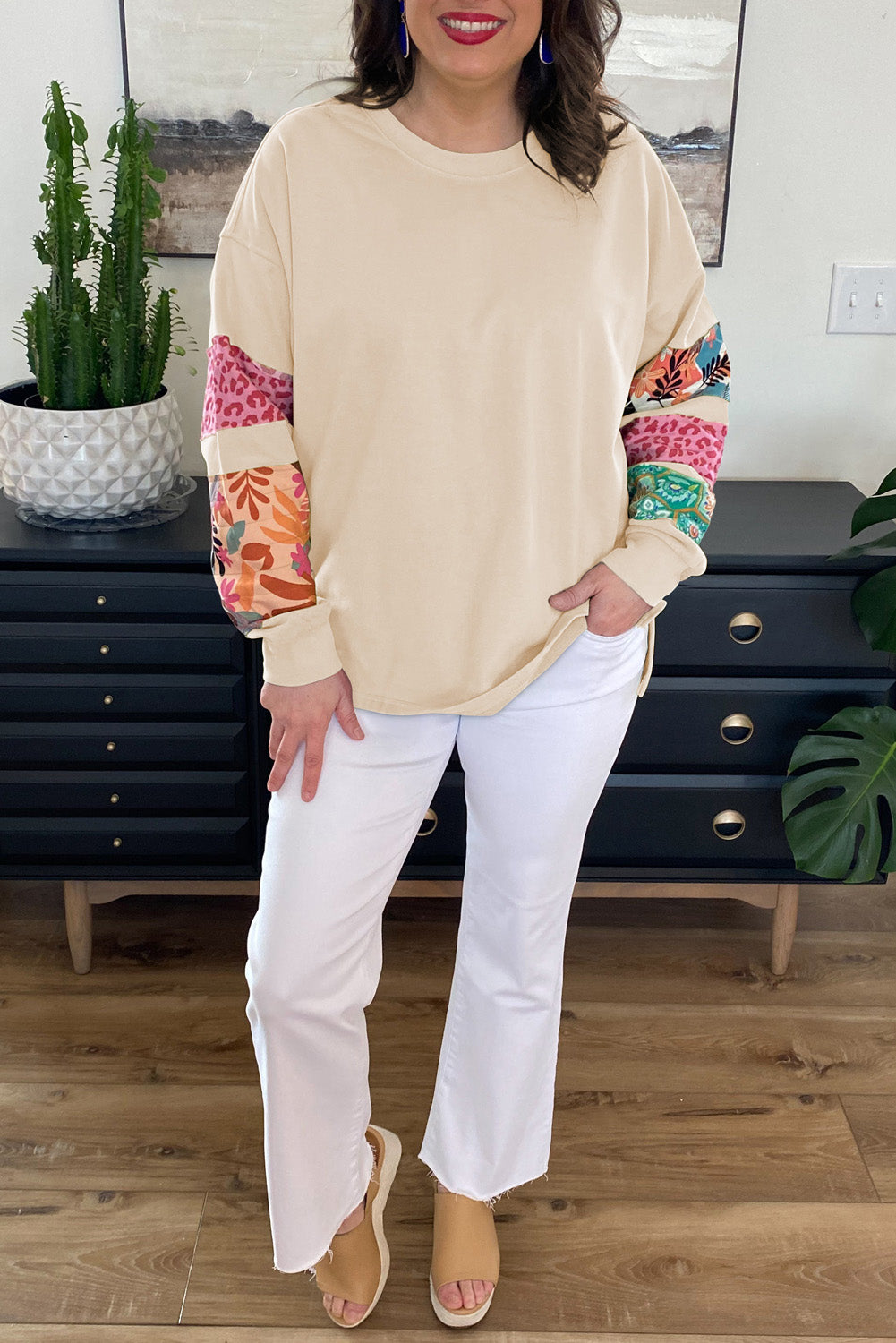 Rose Red Plus Size Gedrukt Patchwork Sleeve Split Sweatshirt
