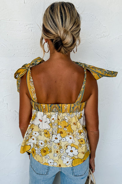 Gele bloemen patchwork tanktop met vastgebonden bandjes en knopen