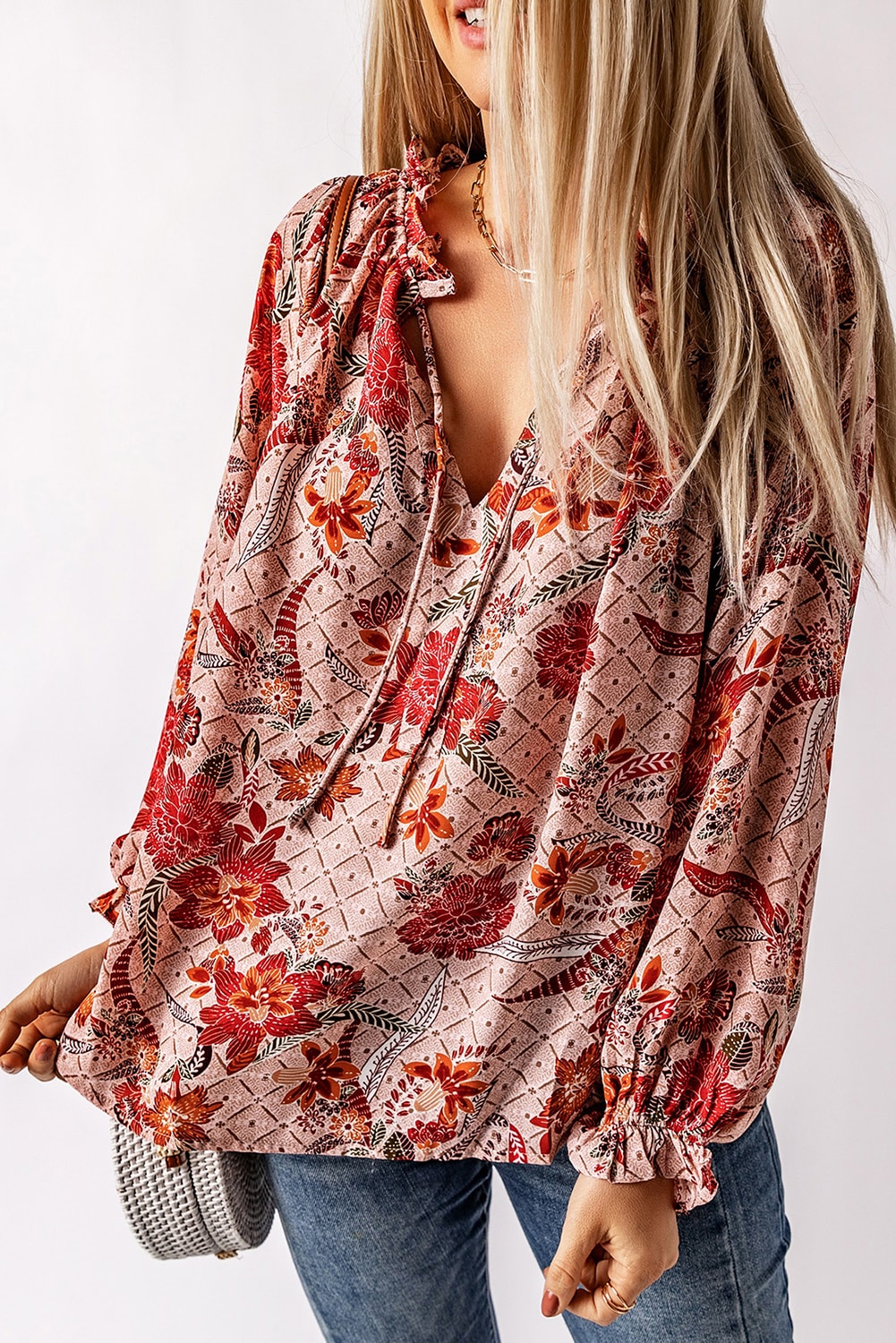 Roze blouse met split en V-hals en print