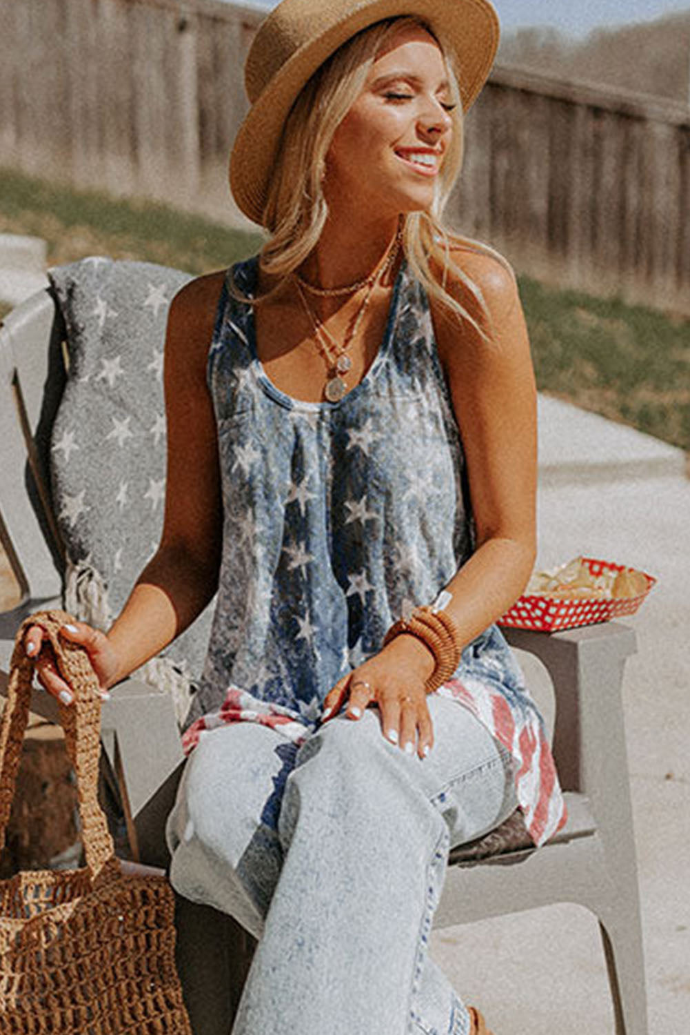 Blauwe vintage gewassen tanktop met vlagprint