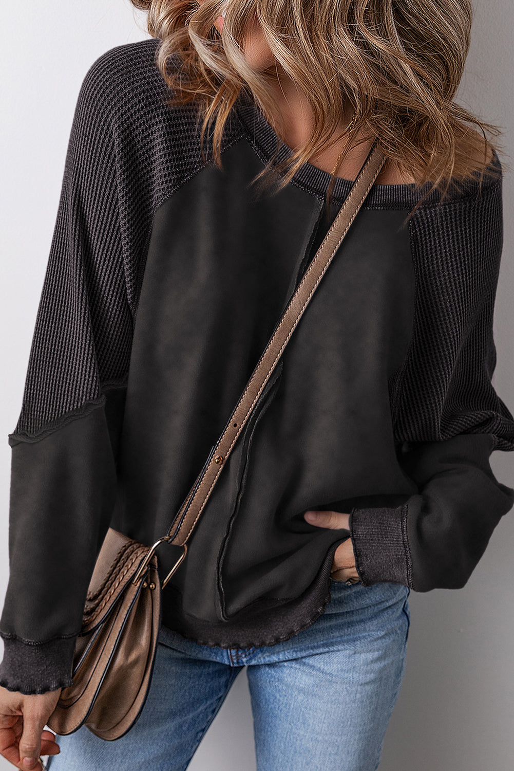 Zeil blauw massief wafel gebreide patchwork raglan mouw sweatshirt