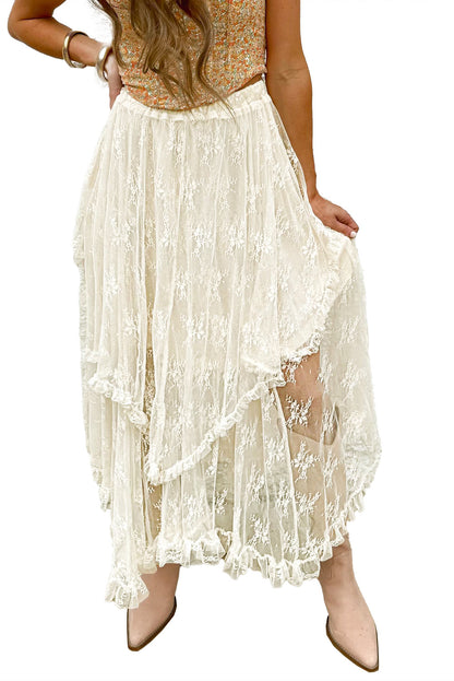 Beige Lace Cascading Tiered High Taille Maxi Rok