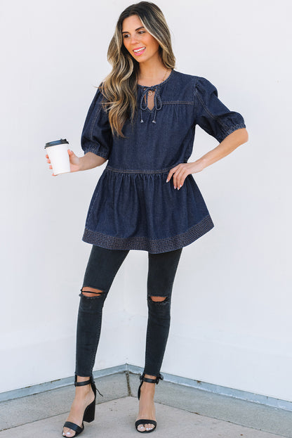 Zeil blauwe puff mouw veter halslijn splicing denim blouse
