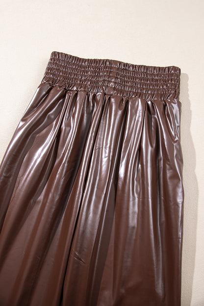 Bruine gesmokte leren skinny broek met hoge taille