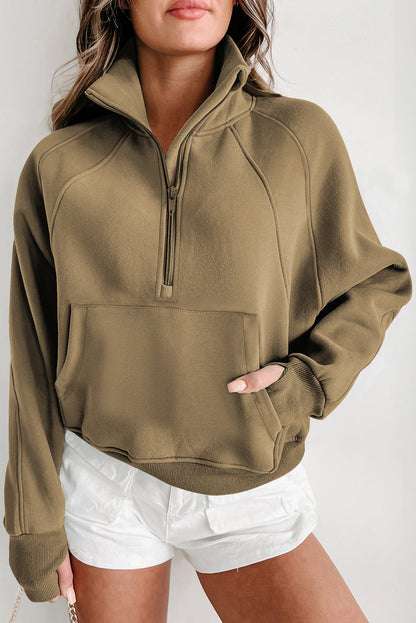 Smoke Green Fleece Lined Zip Up Stand Collar Thumbhole Sleeve Sweatshirt