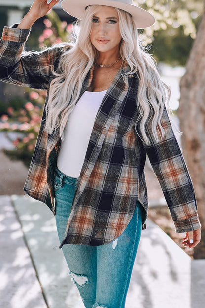Zwarte oversized geruite shacket met afgeronde zoom en spleten