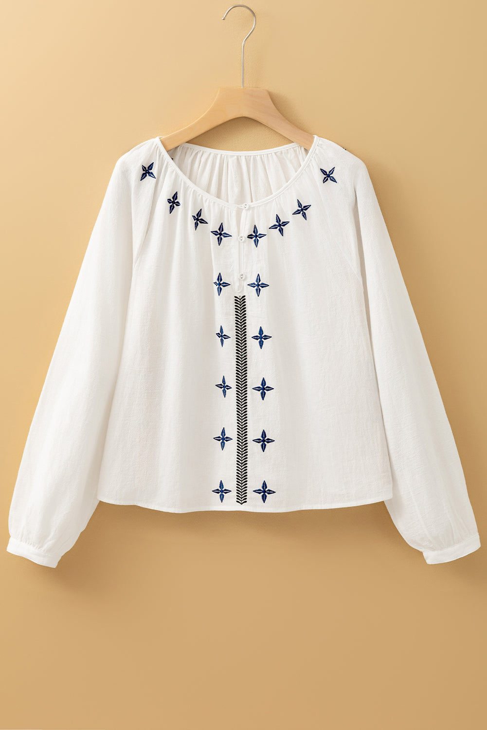 Wit geometrische geborduurde blouse met lange mouwen met knoop