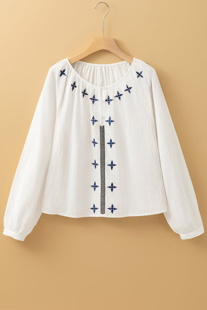 Wit geometrische geborduurde blouse met lange mouwen met knoop